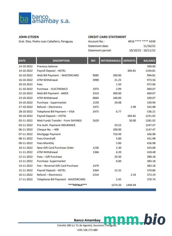 Szablon wyciągu bankowego Paragwaj BBVA w programie Word i PDF